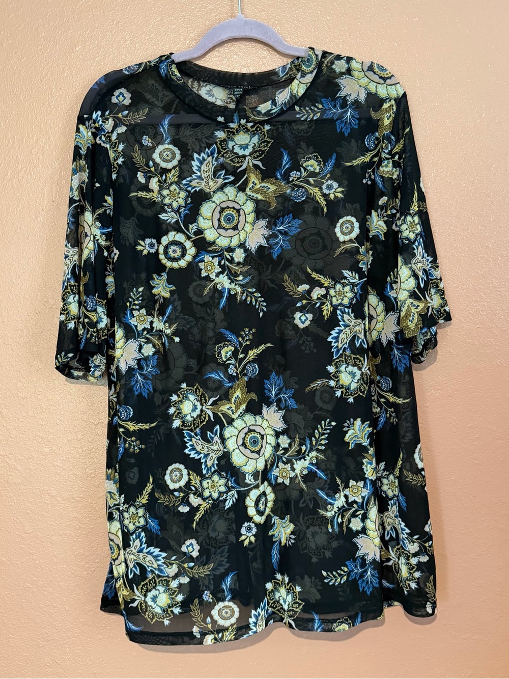 Lane Bryant Black Sheer Floral Tunic with Blue & Cream Accents